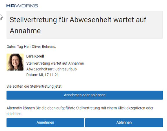2021-11-17 09_33_20-HRworks Demo - Stellvertretung für Abwesenheit wartet auf Annahme - justin.vollm